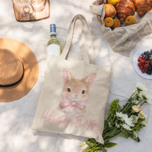 Grand Tote Bag Lapin à l'aquarelle avec noeud rose Lapin de Pâq