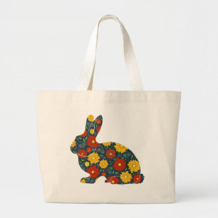 Grand Tote Bag Lapin rétro avec des fleurs orange et jaune