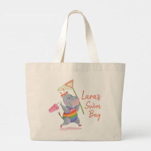 Grand Tote Bag Le petit Hippo arc-en-ciel qui coule à la plage