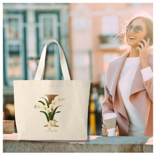 Grand Tote Bag Letter I Elegant Floral Gold Monogram 