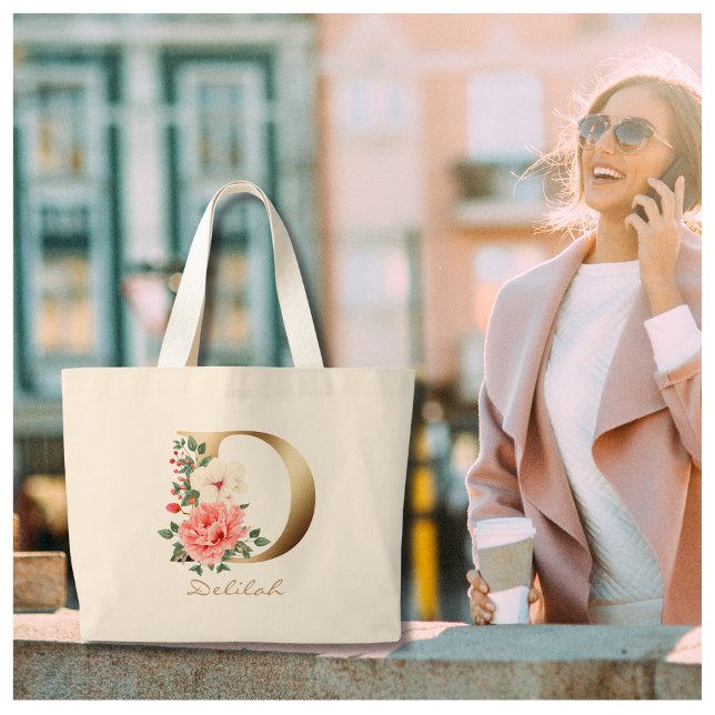 Grand Tote Bag Lettre D Élégant Monogramme Floral Or (Créateur téléchargé)