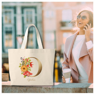 Grand Tote Bag Lettre O Élégant Monogramme Floral Or