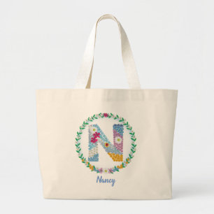 Grand Tote Bag Lettres de fleurs Initiale "N" avec nom personnali