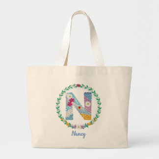 Grand Tote Bag Lettres de fleurs Initiale "N" avec nom personnali