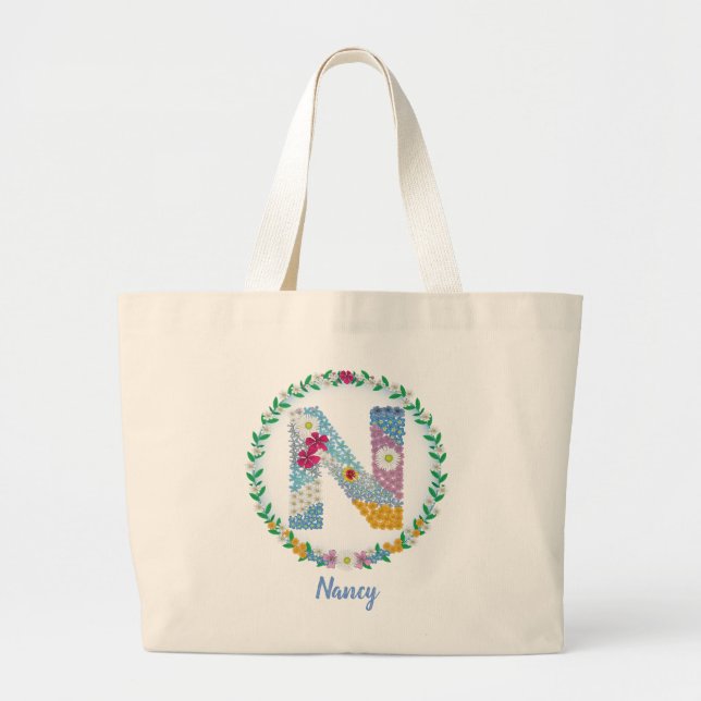 Grand Tote Bag Lettres de fleurs Initiale "N" avec nom personnali (Devant)