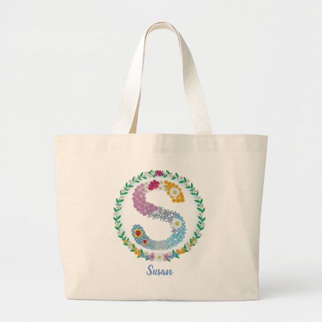 Grand Tote Bag Lettres de fleurs "S" initiales avec nom personnal (Devant)