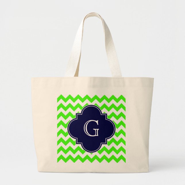Grand Tote Bag Lime Green Chevron Navy Blue Quatrefoil Monogramme (Devant)
