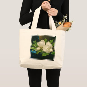 Grand Tote Bag Magnolias géantes sur un tissu bleu de velours,