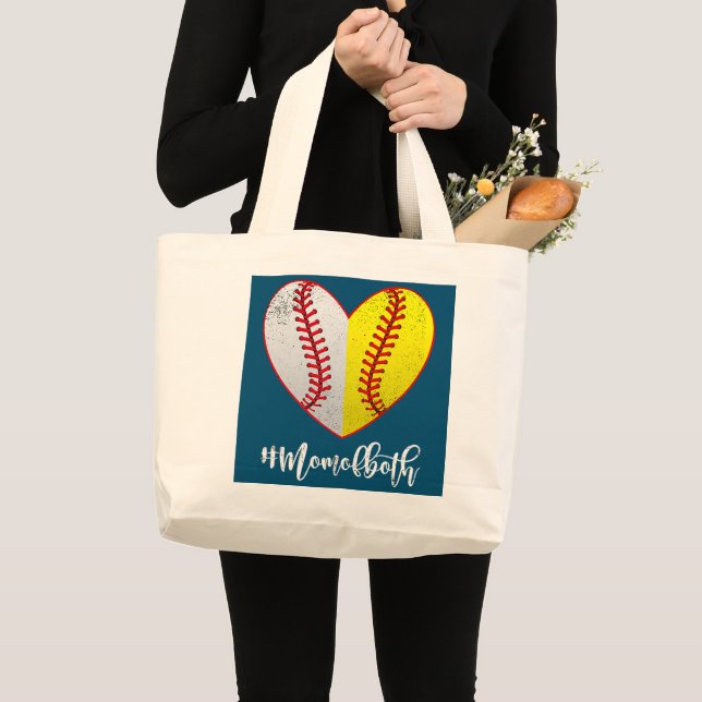 Grand Tote Bag Maman des deux softball baseball Coeur Fête des mè (Devant (produit))