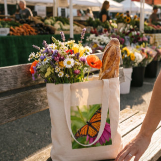 Grand Tote Bag Marché papillon et fleur fantaisiste