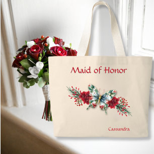 Grand Tote Bag Mariage d'hiver Papillon Vintage Poinsettia