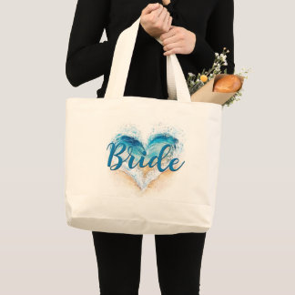 Grand Tote Bag Mariée de la plage à vague de cœur