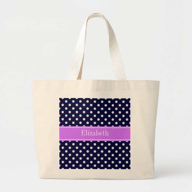Grand Tote Bag Marine Bleu Blanc Pois Lilac Nom Monogramme (Devant)