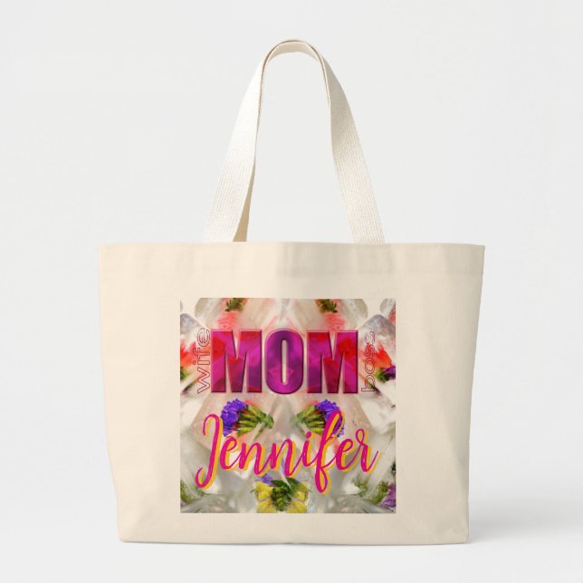 Grand Tote Bag 'Mom-Boss-Fire' – Diseño floral en cubos  (Devant)