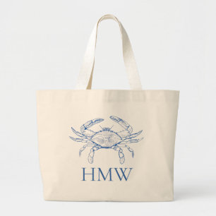 Grand Tote Bag Monogramme de crabe bleu et blanc côtier