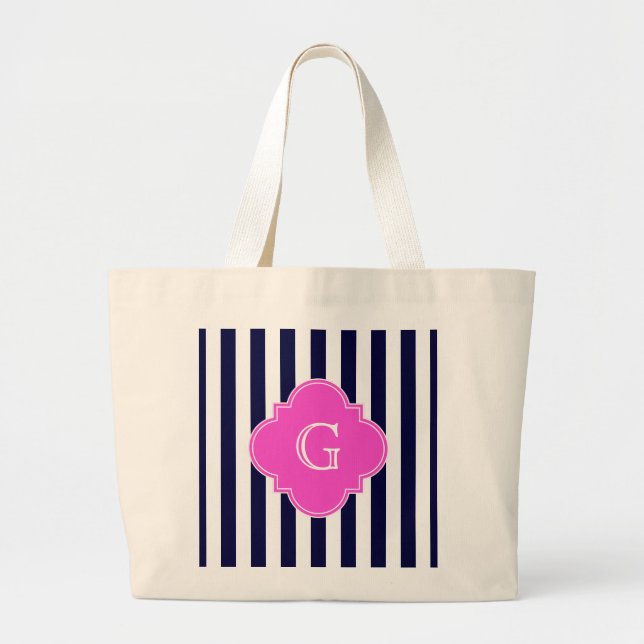 Grand Tote Bag Monogramme de Quatrefoil Rose Chaud Blu Navy (Devant)