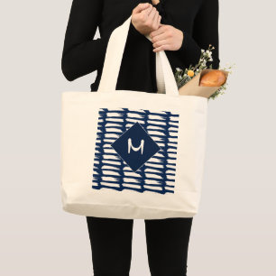 Grand Tote Bag Monogramme de rayures blanches bleues modernes