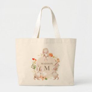 Grand Tote Bag Monogramme Lapin lapins Floral Pâques Personnalisé