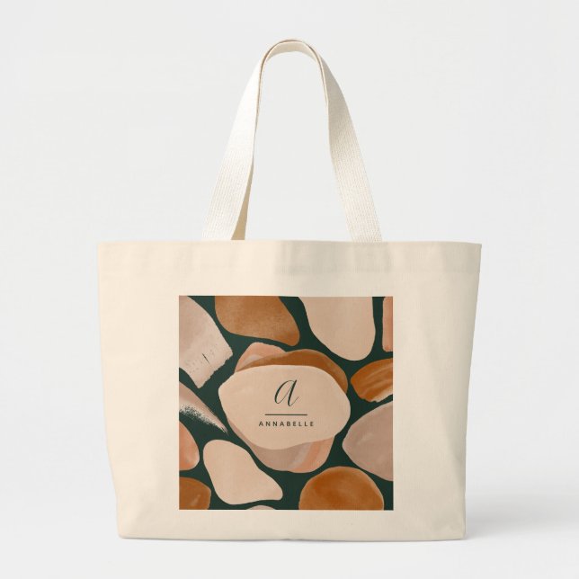 Grand Tote Bag Monogramme moderne rouille vert abstrait chic chic (Devant)