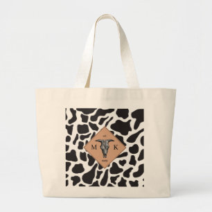 Grand Tote Bag Motif animal noir et blanc Vache tache Monogramme