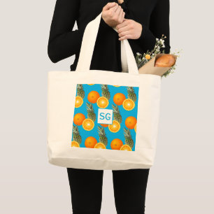 Grand Tote Bag Motif de fruit orange ananas bleu aqua Monogramme