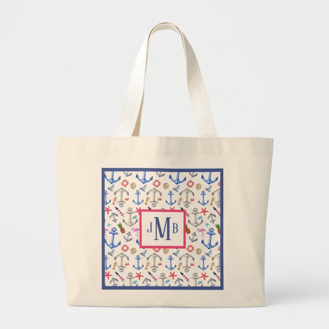 Grand Tote Bag Motif de plage Monogramme d'été (Devant)