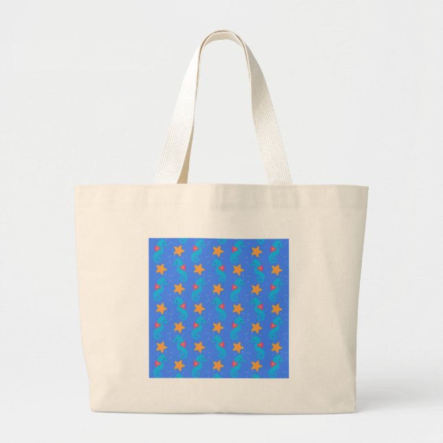 Grand Tote Bag Motif De Seahores Bleues Et De Starfish (Devant)