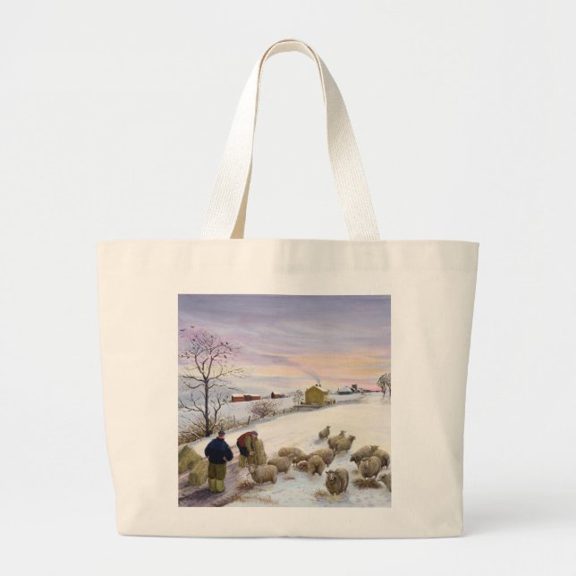 Grand Tote Bag Moutons de alimentation en hiver (Devant)