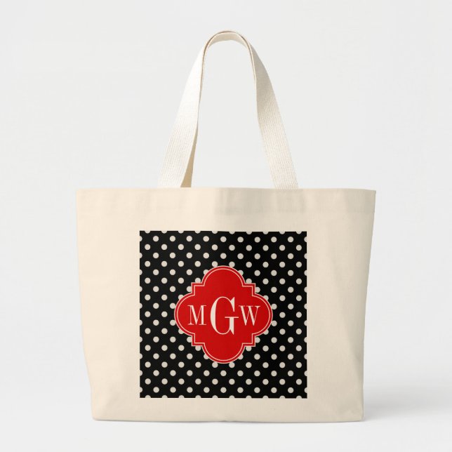 Grand Tote Bag Noir Blanc Pois Rouge Quatrefoil 3 Monogramme (Devant)