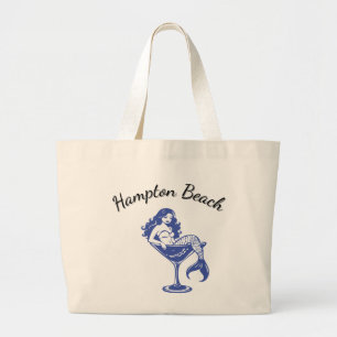 Grand Tote Bag Nom de la plage courbe avec sirène dans un verre à