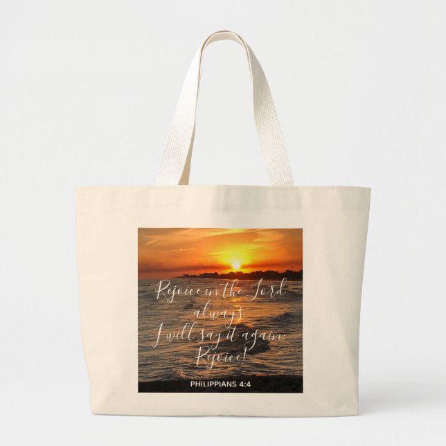 Grand Tote Bag Ocean Sunset, avec Écriture Verse Philippiens 4:4 (Devant)