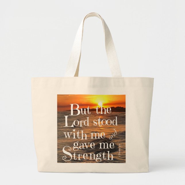 Grand Tote Bag Ocean Sunset, avec Écriture Verse Timothy 4:17 (Devant)