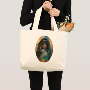 Grand Tote Bag Oeuvre d'Anime Girl entourée de Rainbow Light