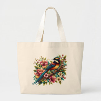 Grand Tote Bag Oiseau coloré et Fleur de charme