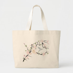 Grand Tote Bag Oiseau rose en fleurs