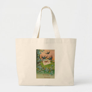 Grand Tote Bag Oiseaux vintages et fleurs de carte postale
