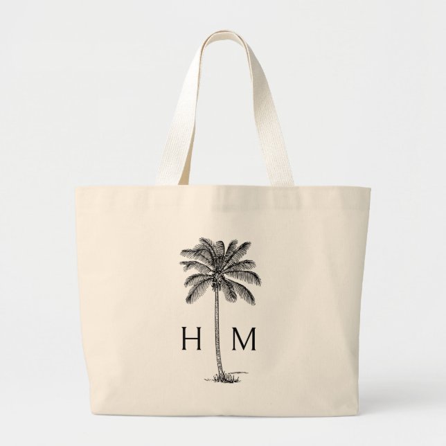 Grand Tote Bag Palmette côtière noire et blanche Monogramme (Devant)