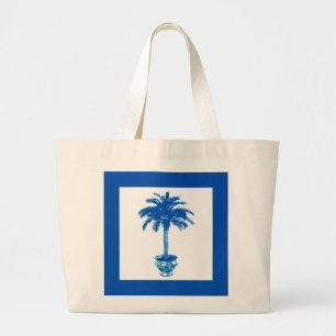 Grand Tote Bag Palmier en pot - bleu cobalt et blanc