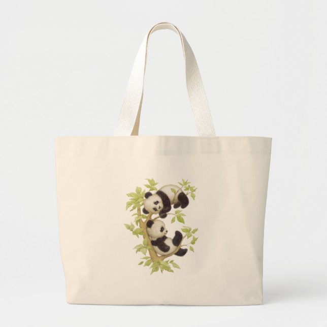 Grand Tote Bag Pandas jouant dans un arbre (Devant)