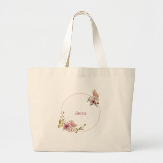 Grand Tote Bag Papillon Floral Élégant Rose Doré – Personnalisé