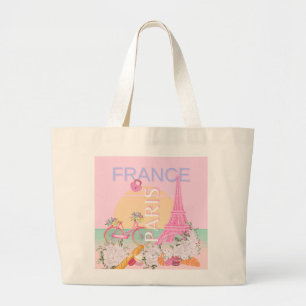 Grand Tote Bag Paris, France, Travel Art, Preppy, Pastel, Rose