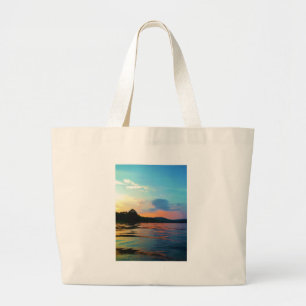 Grand Tote Bag Pêche et coucher de soleil sur le lac de montagne