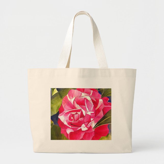 Grand Tote Bag Peinture de fleurs rose Camellia (Devant)