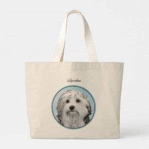 Grand Tote Bag Peinture de Lowchen Argent et Crème Art Canin Orig