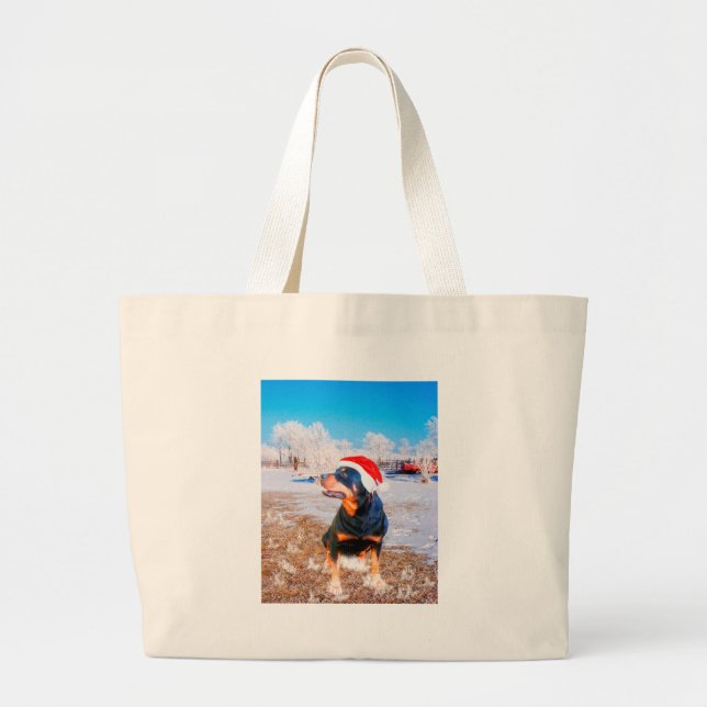 Grand Tote Bag Peinture de Noël de chien Rottweiler (Devant)