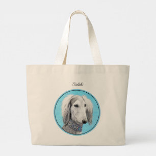 Grand Tote Bag Peinture de Saluki Argent Plumes art chien origina