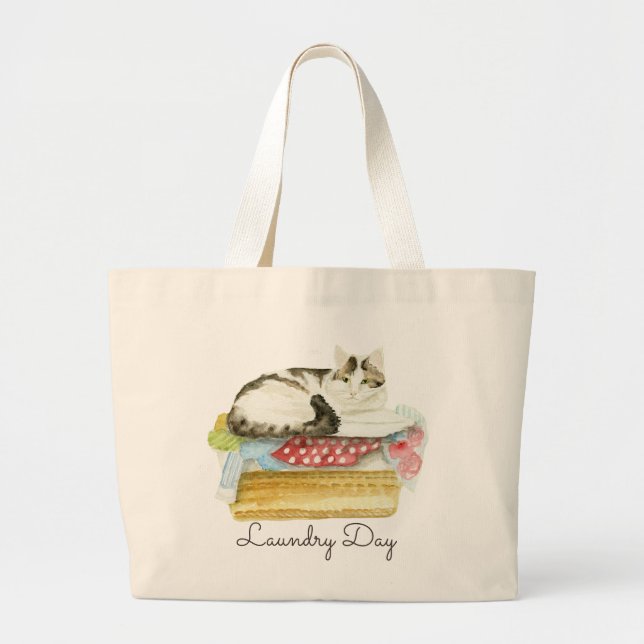 Grand Tote Bag Peinture d'un chat assis sur la blanchisserie (Devant)