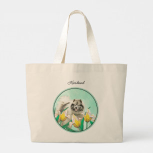 Grand Tote Bag Peinture Keeshond dans les tulipes mignonne art or