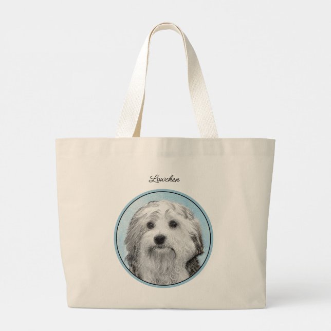 Grand Tote Bag Peinture Lowchen Argent et Crème Art original Chie (Dos)