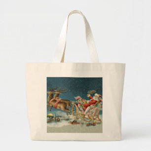 Grand Tote Bag Père Noël Antique Sleigh Reindeer